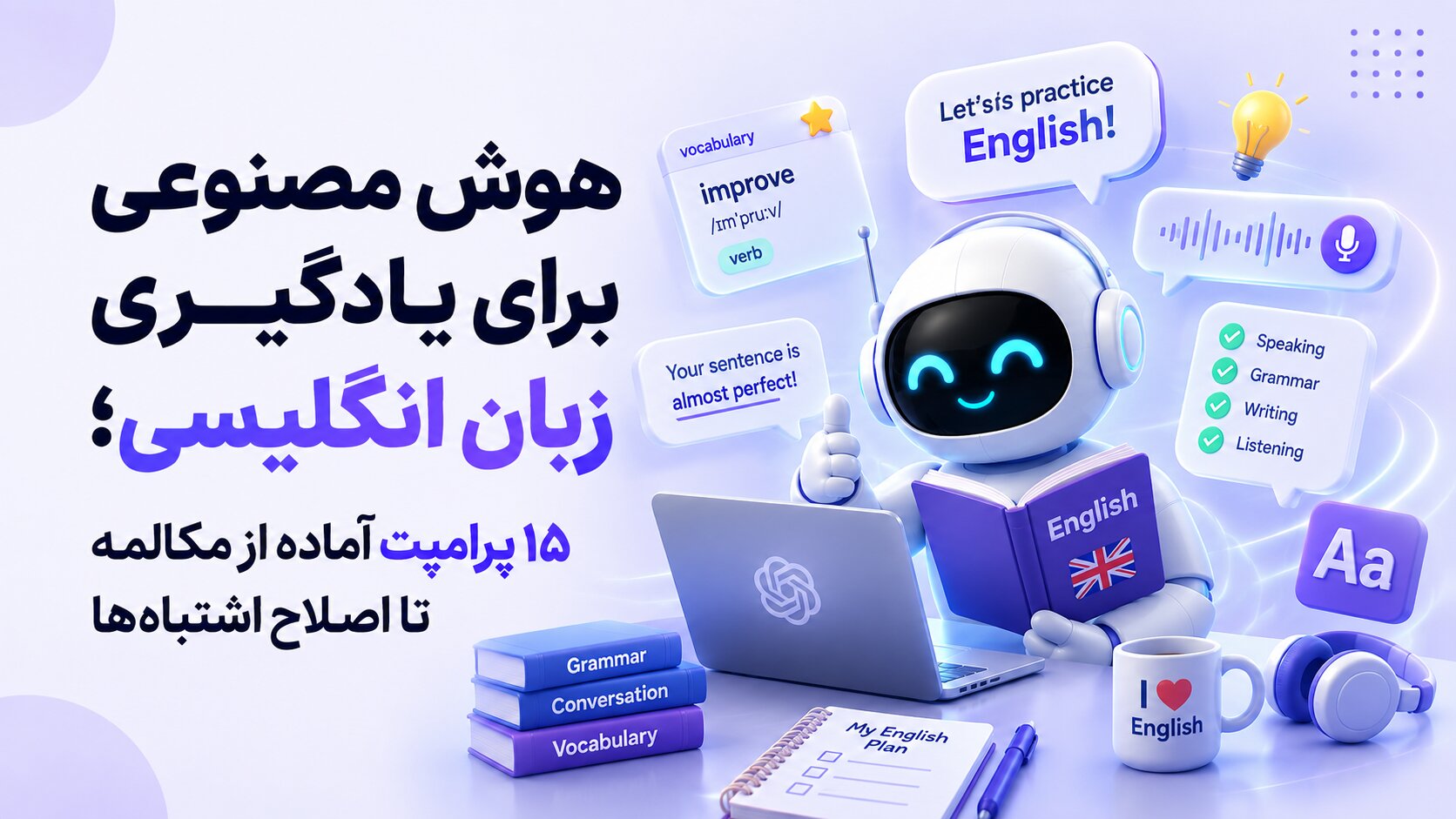 هوش مصنوعی برای یادگیری زبان انگلیسی؛ ۱۵ پرامپت آماده از مکالمه تا اصلاح اشتباه‌ها